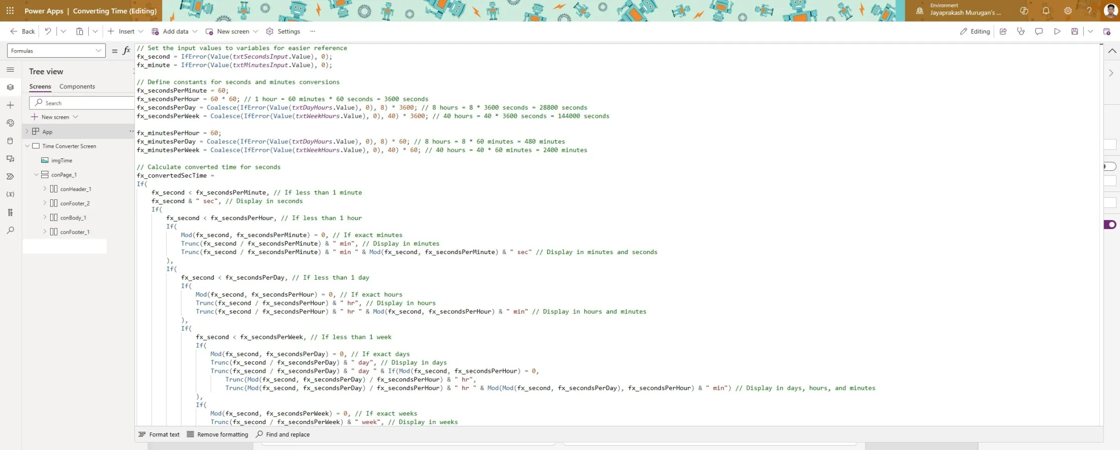Used formulas section to set all varible